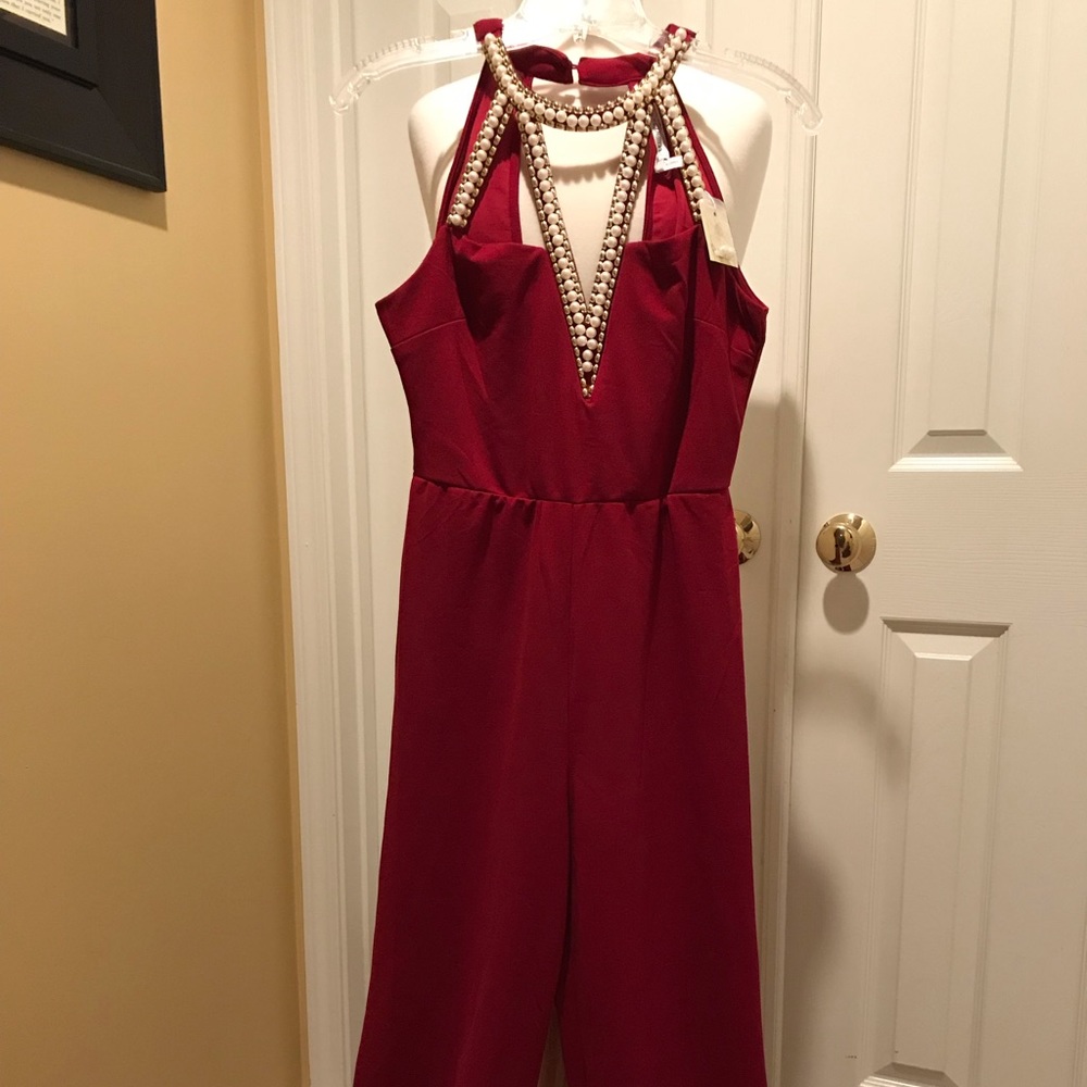 Wine colored Jumpsuit with pearl trim